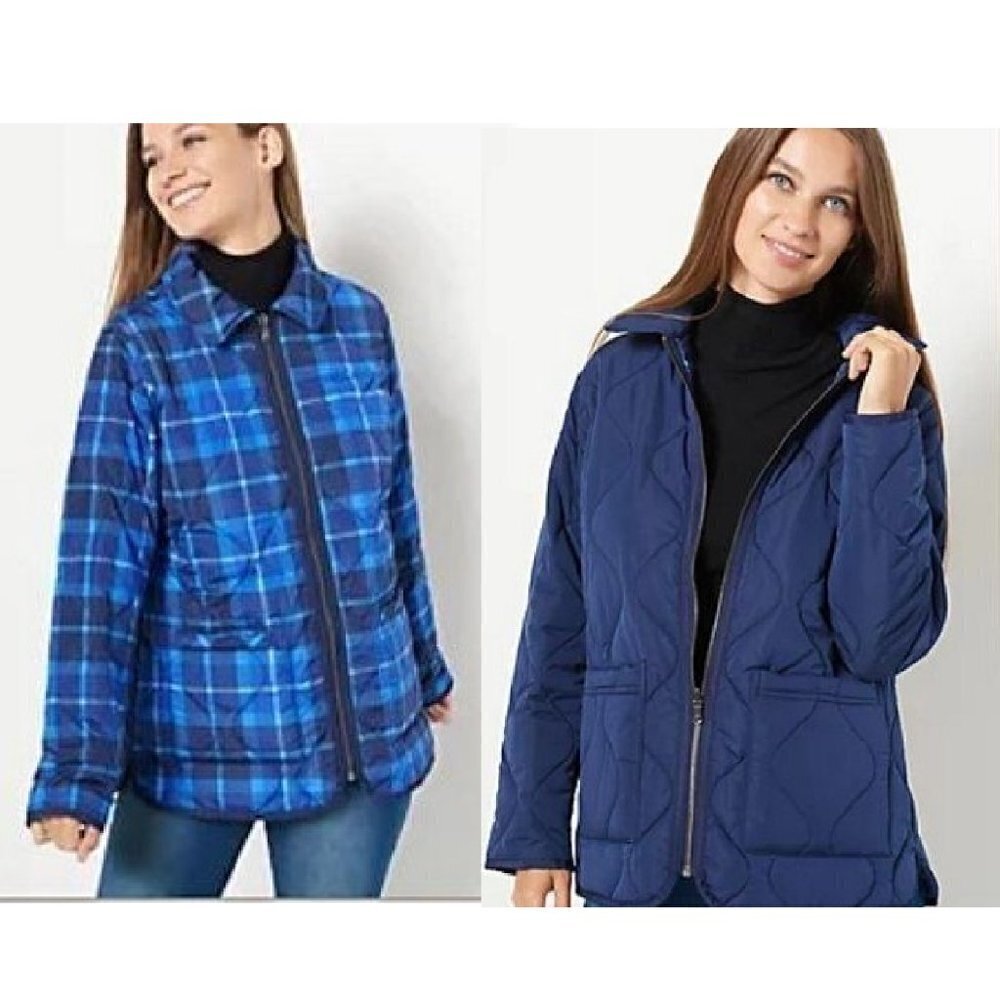 New Isaac Mizrahi Reversible Quilted Barn Jacket Navy Blue & Plaid Size M
